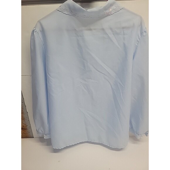 Vtg 80s Secretary Blouse Blue Office Sheer Floral Collar Pocket Sz XL - Picture 7 of 13